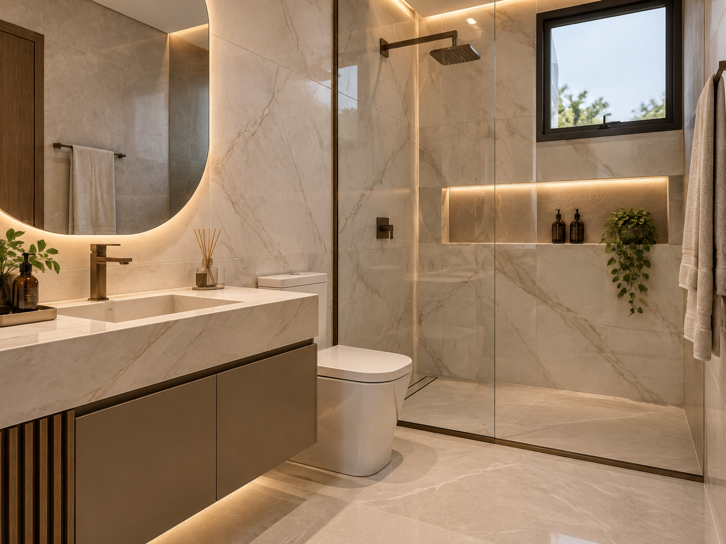Projeto de banheiro com lavatório e nicho em porcelanato