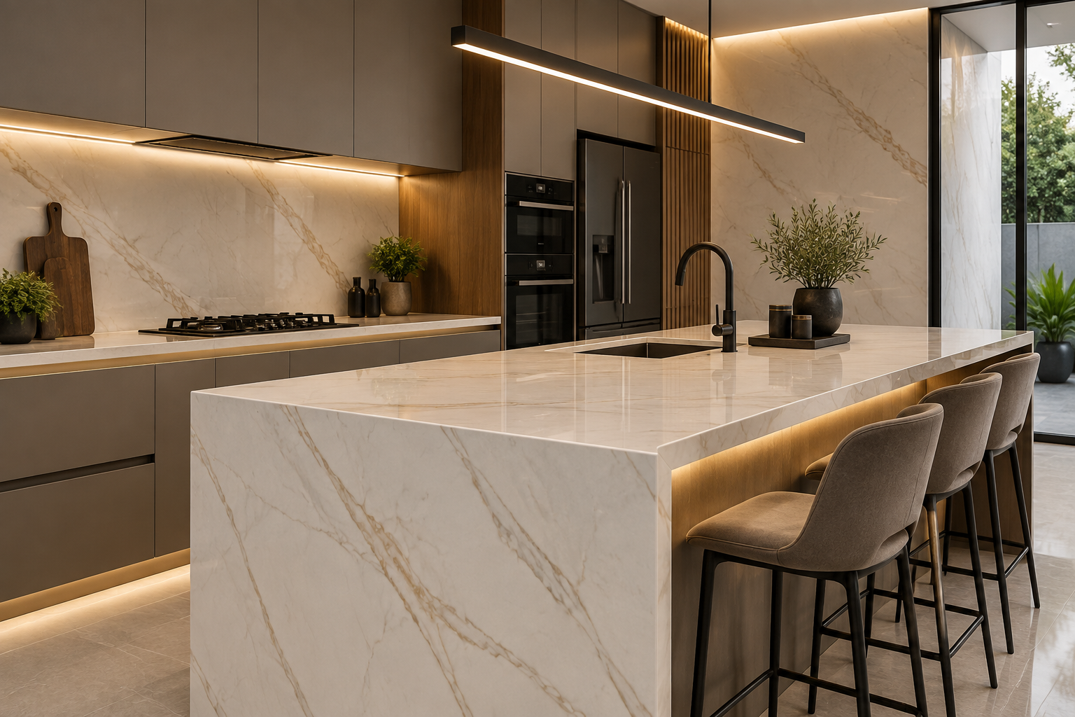 Projeto de cozinha com bancada em porcelanato